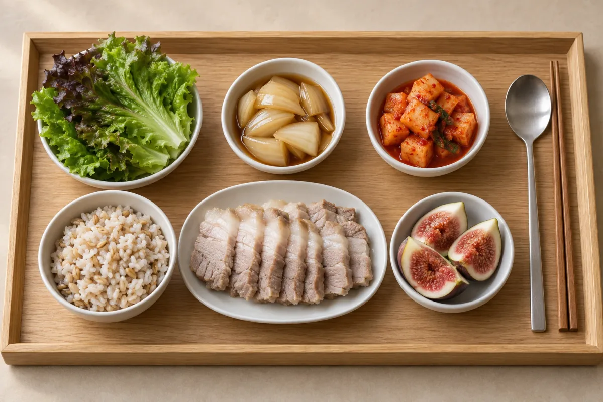 월요일 저녁 한상 — 귀리밥, 돼지고기 수육, 상추쌈, 양파 장아찌, 깍두기, 디저트 무화과