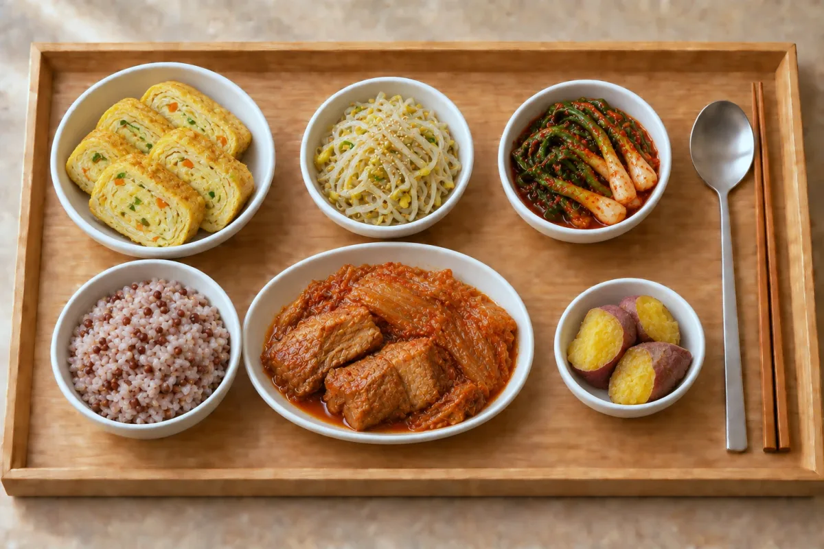 일요일 저녁 한상 — 수수밥, 돼지고기 김치찜, 계란말이, 숙주나물, 파김치, 디저트 찐 고구마