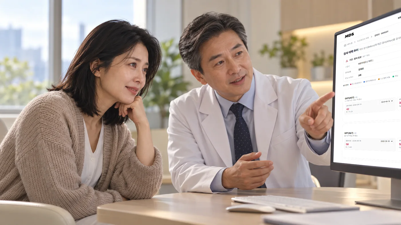 의사가 모니터의 검사 이력 추이 화면을 가리키며 환자와 상담하는 모습