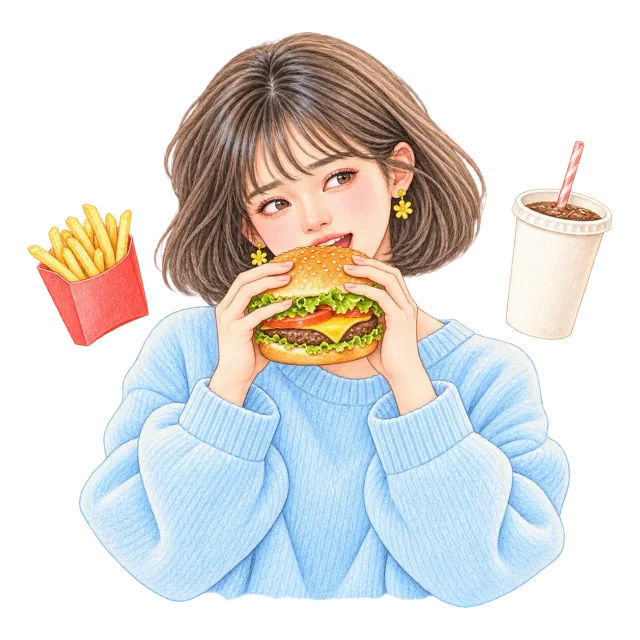 햄버거를 먹으려는 여성과 감자튀김 · 탄산음료